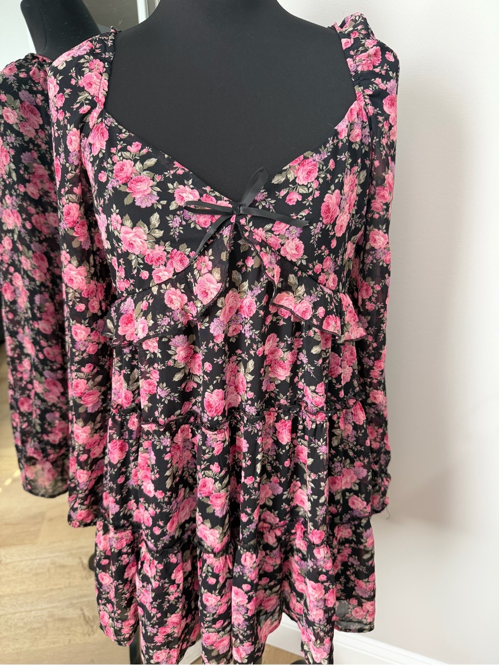 Black & Pink Floral Ruffle Off Shoulder Dress
